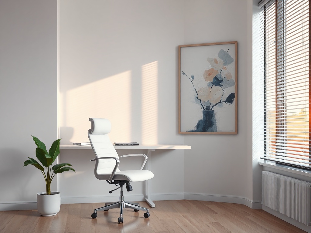 Minimalist office corner with a white ergonomic chair, live plant, and a large abstract art piece on the wall, soft sunset light streaming in through blinds, calm and sophisticated, photorealistic, 8k