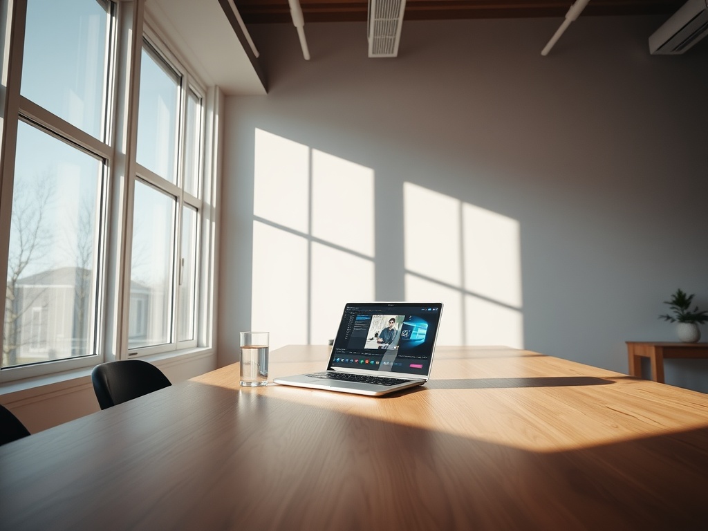 Dynamic low-angle shot of a minimalist Scandinavian workspace with expansive windows, natural light casting long shadows across a sleek wooden desk, a glass of water and a laptop open to motion design software, clean lines, soft neutral tones, photorealistic, 8k, commercial photography style