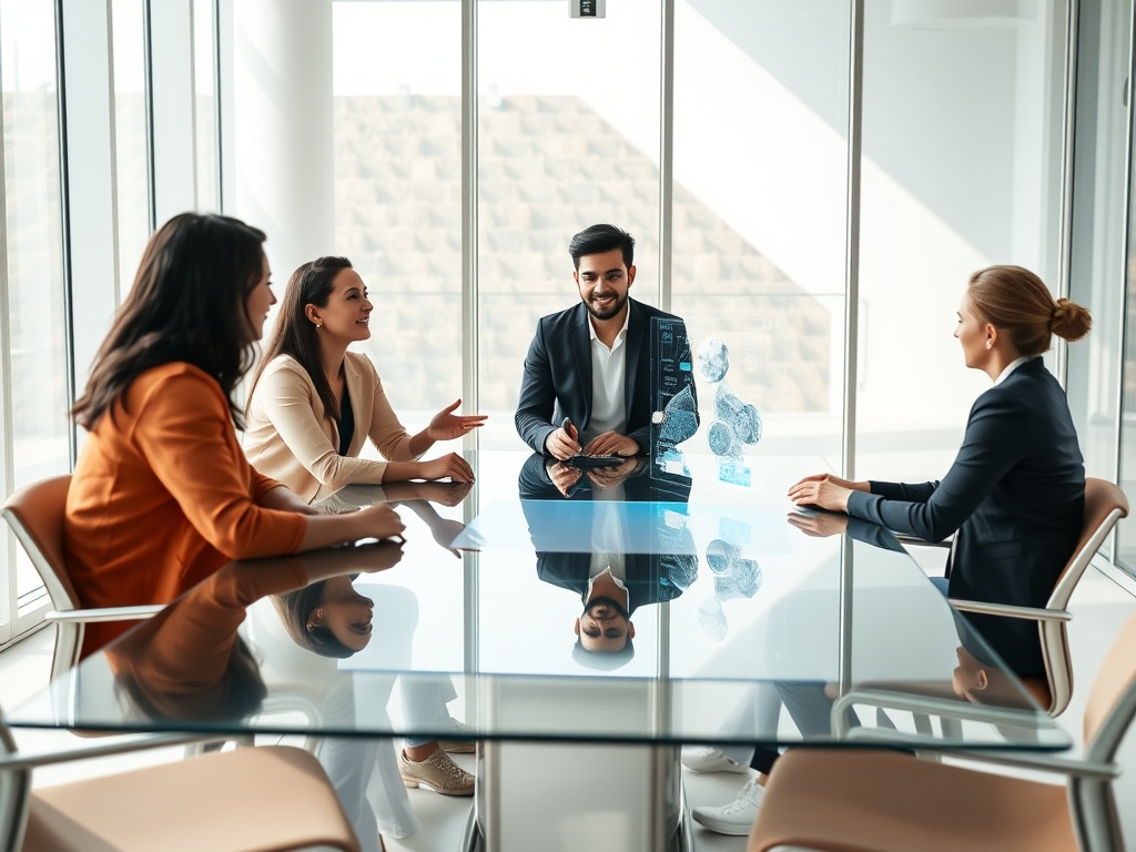 Diverse team of four seated around a modern glass boardroom table, natural light from floor-to-ceiling windows, candid moment of collaboration, one person gesturing to a holographic motion graphic display, clean architectural lines, bright airy atmosphere, photorealistic, 8k