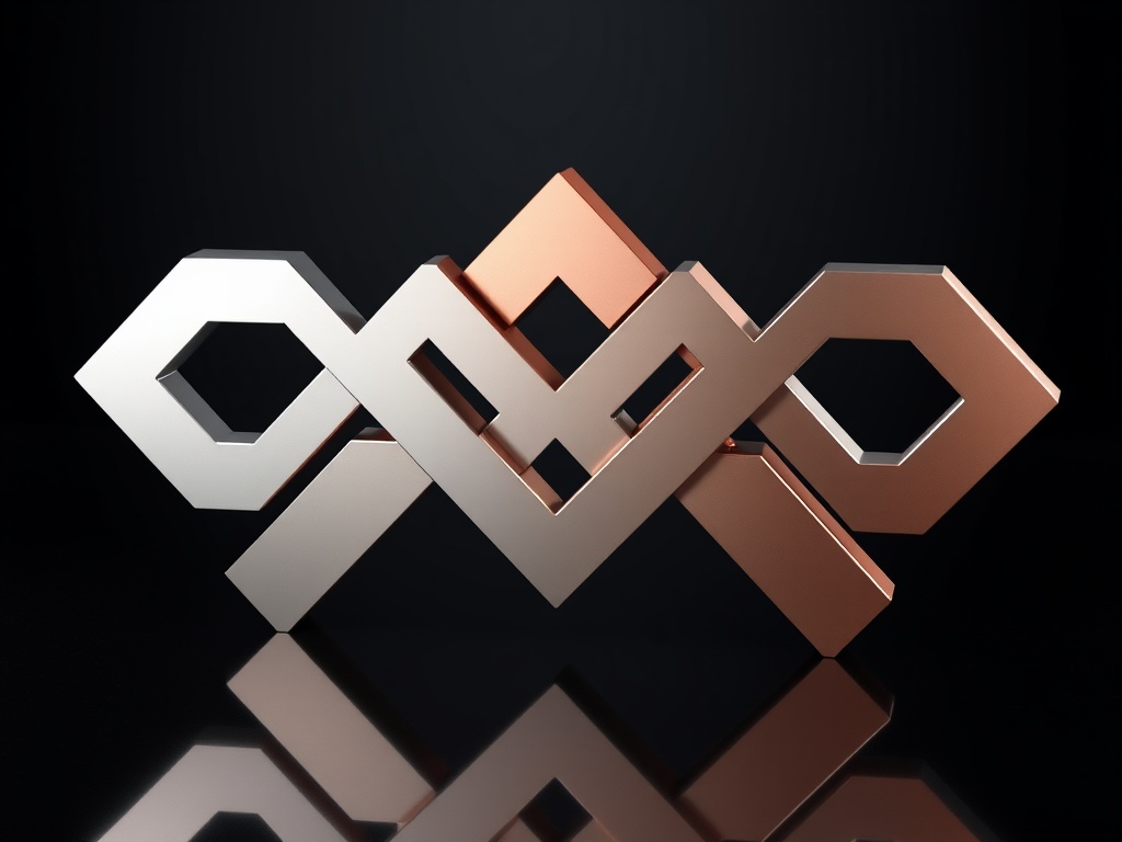 A metallic abstract 'M' composed of interlocking geometric shapes, gradient from silver to rose gold, isolated on dark glossy surface, reflections, ultra-detailed, 8k